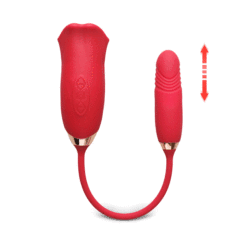 Estimulador rojo de boca grande con lengua y balita vibrador con movimientos sube y baja