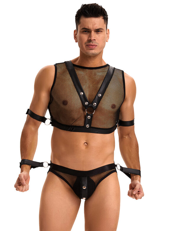 Conjunto de lencería de rejilla sexy para hombre negro