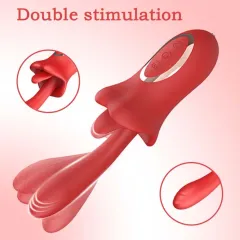 Vibrador de boca tipo conejo de silicona roja recargable de 9,06 pulgadas con movimiento